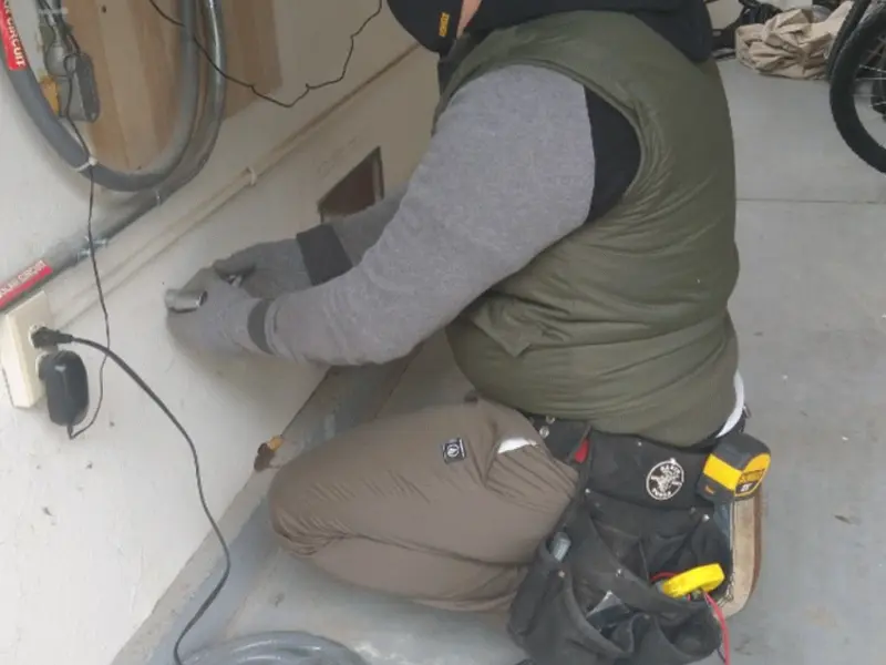 Electrician performing outlet wiring in a Sunset Hills garage